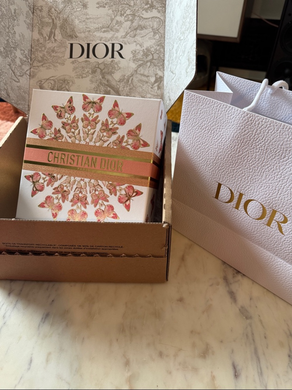 Dior // Pink, White & Gold Floral Butterfly Gift Box and Shopping Bag